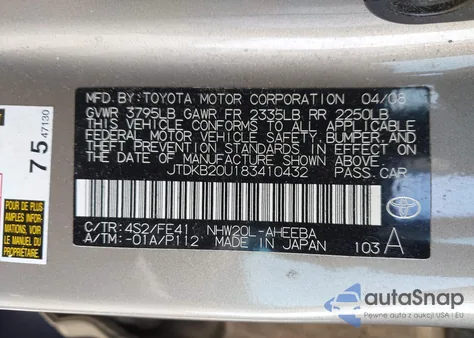 2008 Toyota Prius Standard из США, поврежденный, VIN JTDKB20U183410432